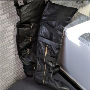 Over the knee black leather flat boots